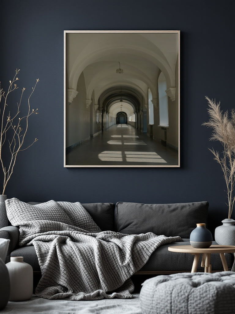 A framed art print depicting a perspective view down a long arched hallway, displayed on a dark navy wall above a gray sofa in a modern living room setting.