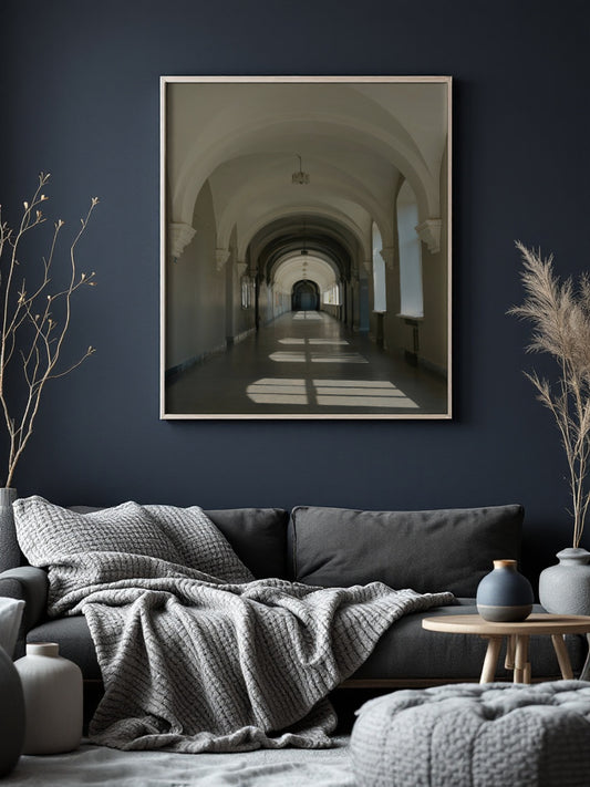 A framed art print depicting a perspective view down a long arched hallway, displayed on a dark navy wall above a gray sofa in a modern living room setting.