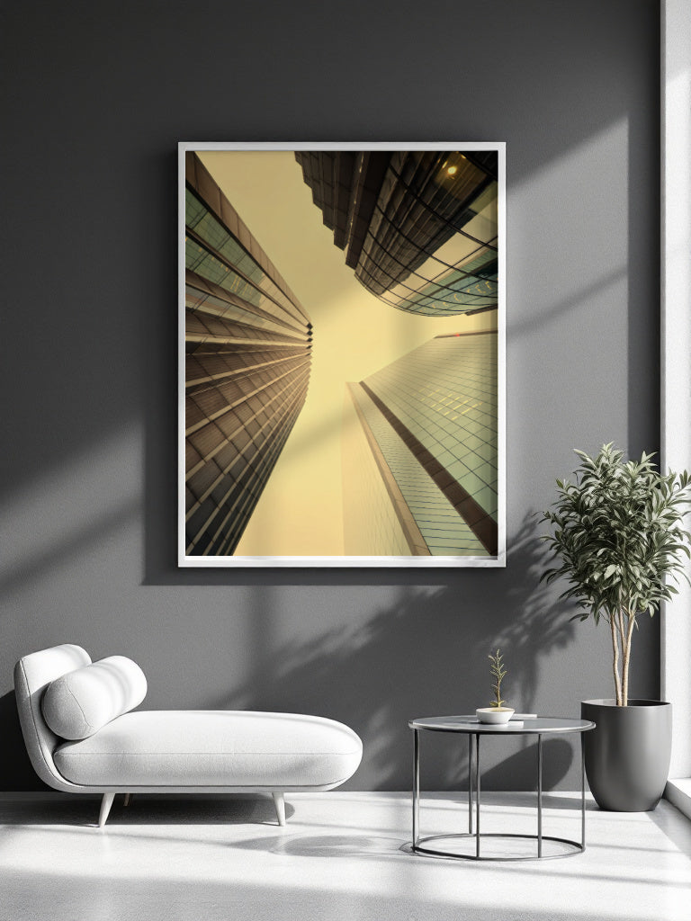 A framed vertical art print depicting an upward perspective of modern skyscrapers converging toward a warm yellow sky, displayed on a dark gray wall in a styled living room setting with a white lounge chair, side table, and potted plant.