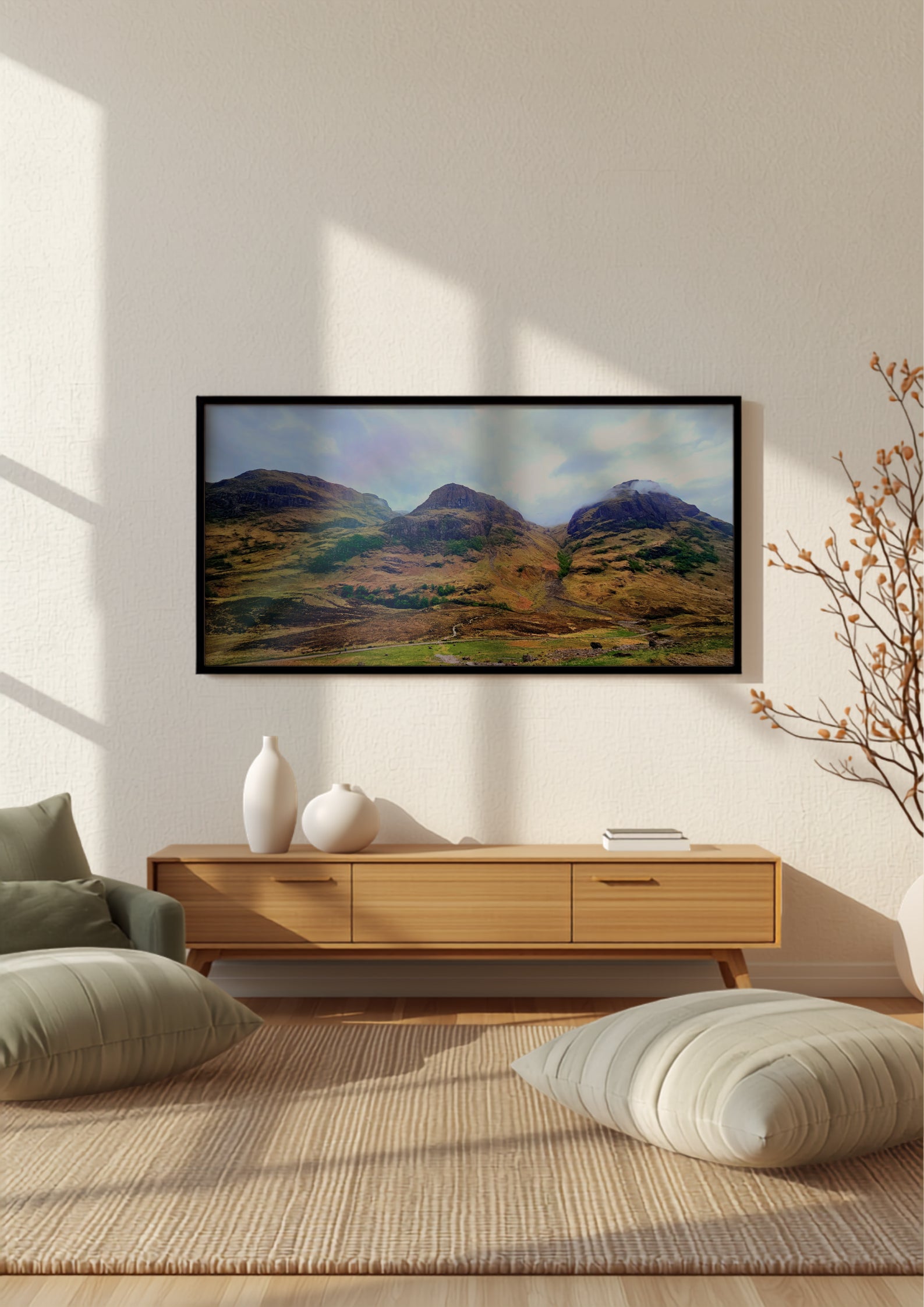 The Three Who Keep Watch panoramic fine-art landscape print displayed in a premium framed interior mock-up