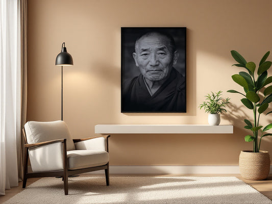 A framed black and white portrait print of an elderly man hangs on a beige wall in a modern living room setting with a white armchair, floor lamp, shelf, and potted plants.