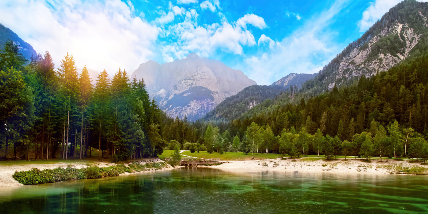 Scenic mountain landscape with a clear lake in the foreground, sandy shore, dense green pine forest, and rocky peaks under a bright blue sky with white clouds.