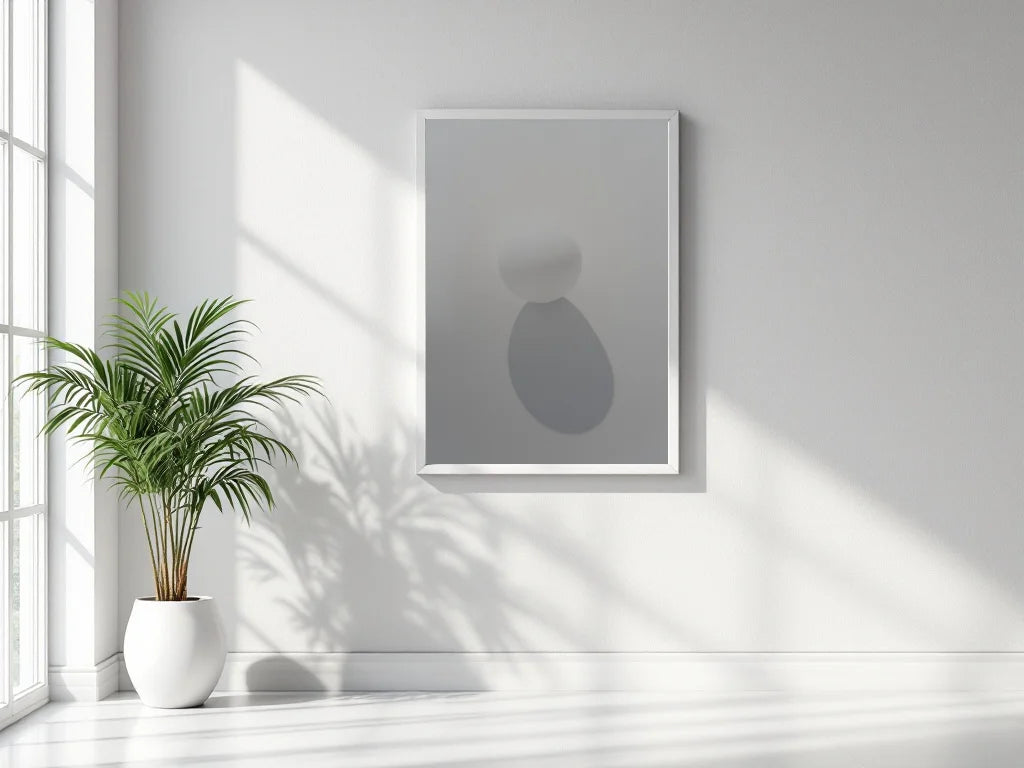 A minimalist framed wall art print with abstract gray shapes hangs on a white wall in a bright room with natural window light and a potted plant nearby.