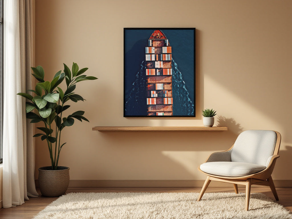 A framed vertical art print depicting a stylized tower made of stacked books, hanging on a beige wall in a modern living room setting with a wooden shelf, chair, and potted plant.