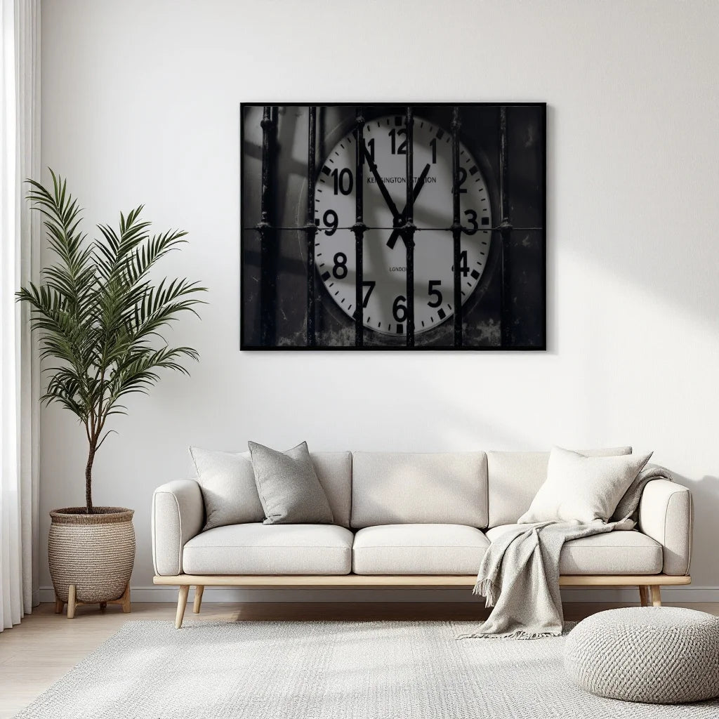 A black and white canvas wall art print of a clock behind bars, displayed in a modern living room setting above a light beige sofa with a potted plant and rug.