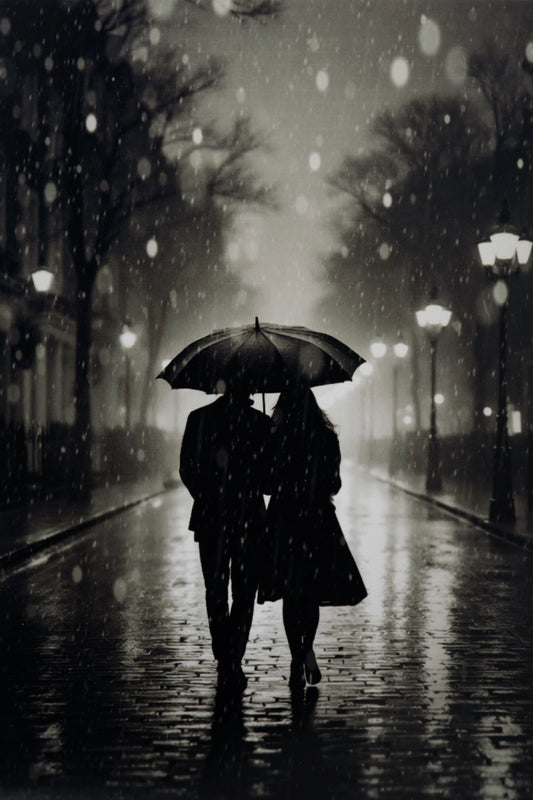 Black and white photograph of a couple walking under a single umbrella on a wet city street in the rain, with blurred streetlights and trees in the background.