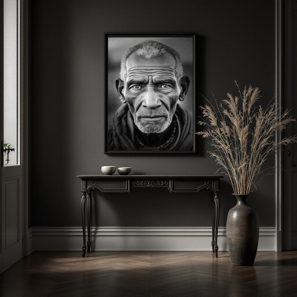A framed black-and-white portrait print of an elderly man hangs on a dark charcoal wall above a console table, with a tall vase of dried grass beside it in a moody interior setting.