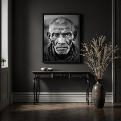 A framed black-and-white portrait print of an elderly man hangs on a dark charcoal wall above a console table, with a tall vase of dried grass beside it in a moody interior setting.