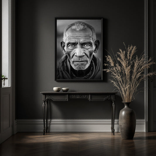 A framed black-and-white portrait print of an elderly man hangs on a dark charcoal wall above a console table, with a tall vase of dried grass beside it in a moody interior setting.