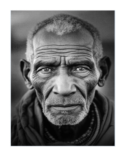 Black and white close-up portrait print of an elderly man with deeply wrinkled forehead and eyes, wearing a dark collar, centered on a white background.