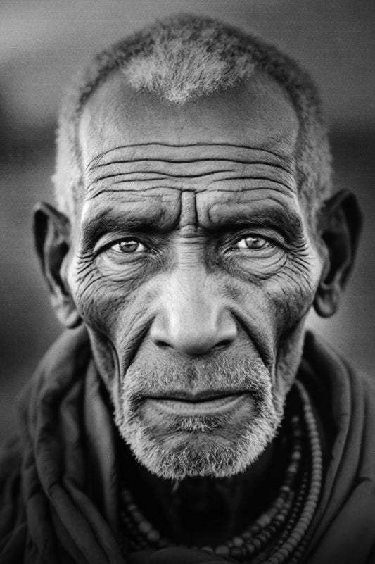 Black and white close-up portrait of an elderly man with deep facial wrinkles, gray eyes, and short hair, wearing a dark textured garment.