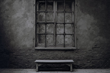 A dark, moody photograph of an old, weathered wooden window with iron bars set into a textured stucco and brick wall, with a simple wooden bench on the floor below.