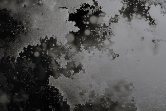 Abstract black and white textured background with frosted, crystalline splatter patterns and soft circular bokeh highlights.