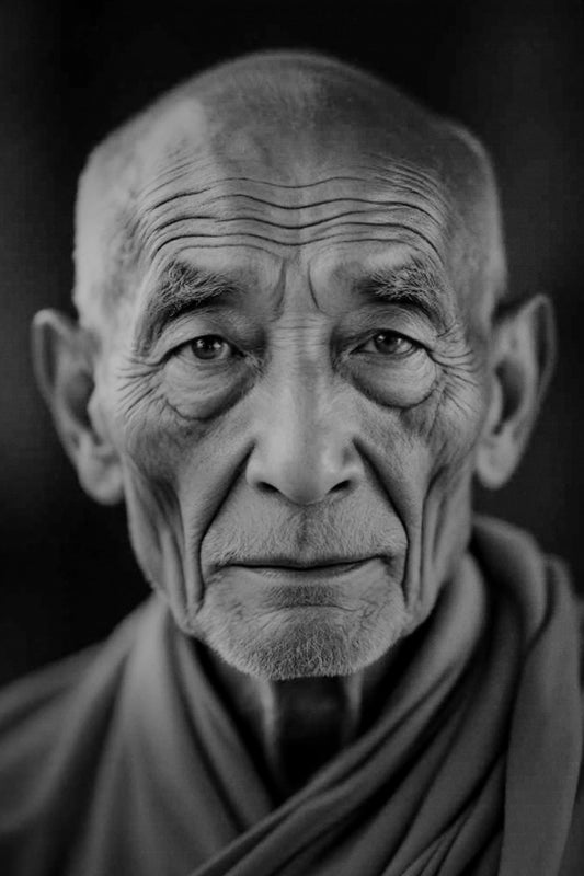 Black and white close-up portrait of an elderly man with deep facial wrinkles, wearing draped clothing against a dark background.