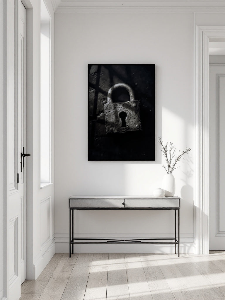 A black and white framed wall art print of an antique padlock hanging on a white wall in a bright, modern hallway above a minimalist console table.