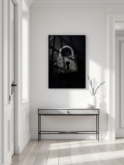 A black and white framed wall art print of an antique padlock hanging on a white wall in a bright, modern hallway above a minimalist console table.