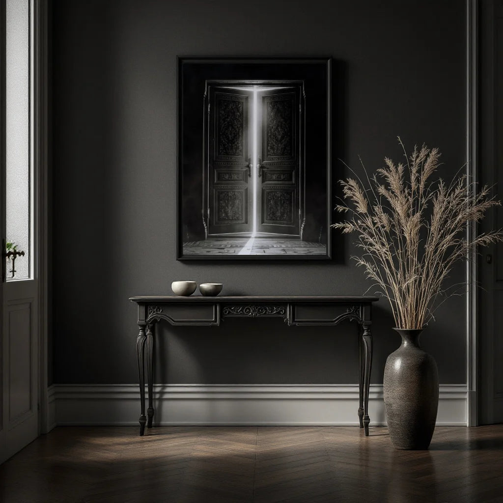 A framed black-and-white art print depicting an open door with light streaming in, displayed on a dark gray wall above a console table in a moody, dimly lit room with a large vase of dried grass nearby.