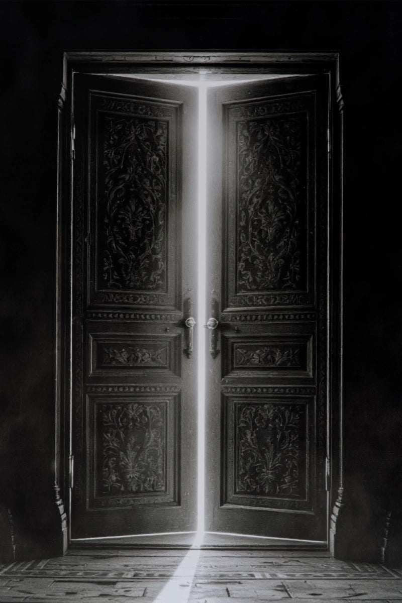 A black and white photograph of ornate double doors with a bright beam of light shining through the center, casting a vertical glow onto a dark floor.