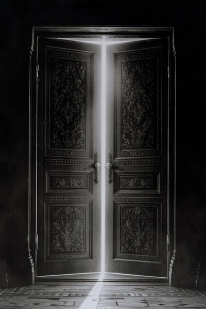 A black and white photograph of ornate double doors with a bright beam of light shining through the center, casting a vertical glow onto a dark floor.