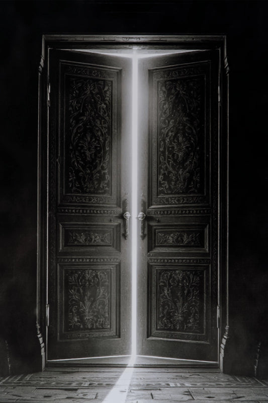 A black and white photograph of ornate double doors with a bright beam of light shining through the center, casting a vertical glow onto a dark floor.