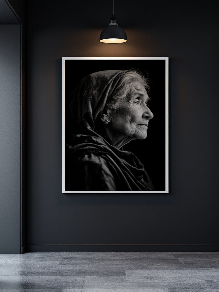 A framed black and white portrait print of an elderly woman in profile, displayed on a dark charcoal wall under a hanging lamp. The print has a white border and is shown in a minimalist interior setting with gray floor tiles.