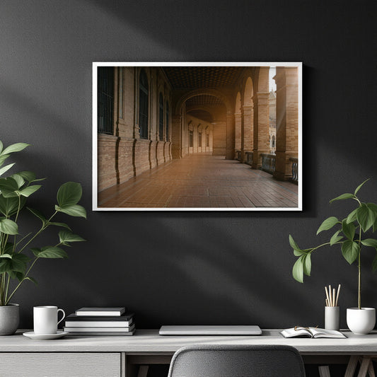 A framed art print depicting a warm-toned arched corridor, displayed on a dark gray wall above a styled desk with plants and books.