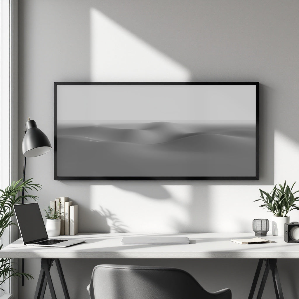 A large horizontal framed wall art print with a minimalist black-and-white abstract dune design, displayed on a light gray wall above a white desk in a modern office setting.