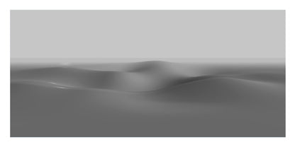 A minimalist gray 3D landscape scene featuring soft, rolling dunes under a flat, light gray sky.