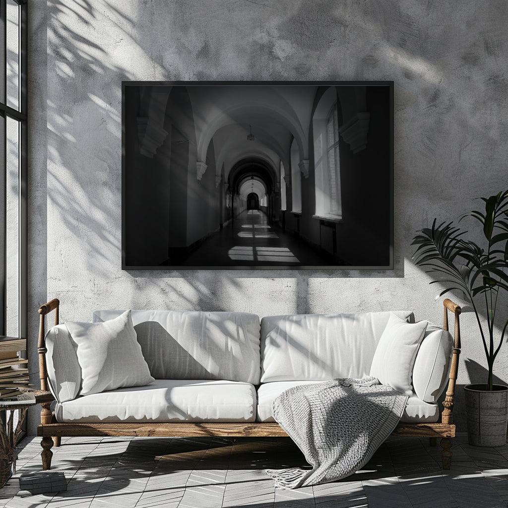 A large black and white framed wall art print depicting an arched hallway, displayed above a white sofa in a modern, sunlit room with textured walls and a potted plant.