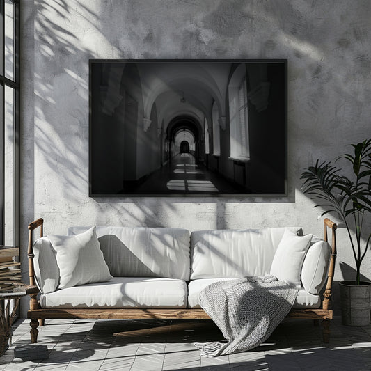 A large black and white framed wall art print depicting an arched hallway, displayed above a white sofa in a modern, sunlit room with textured walls and a potted plant.