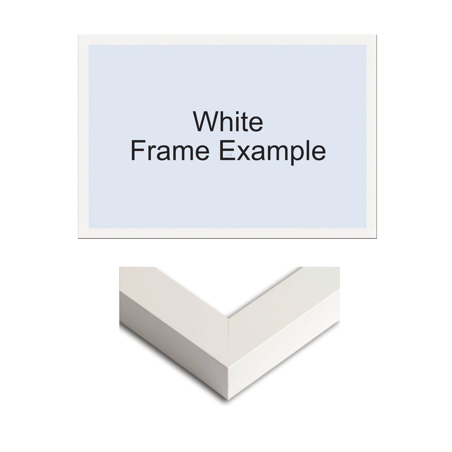 A white picture frame shown as a 3D corner view below a light blue label that reads 'White Frame Example' on a white background.