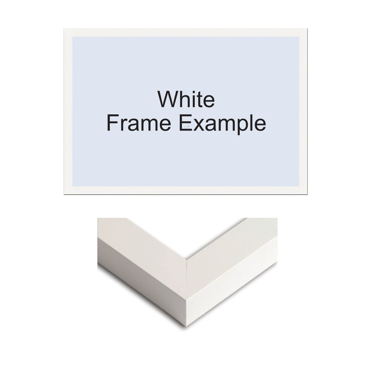 A white picture frame shown as a 3D corner view below a light blue label that reads 'White Frame Example' on a white background.