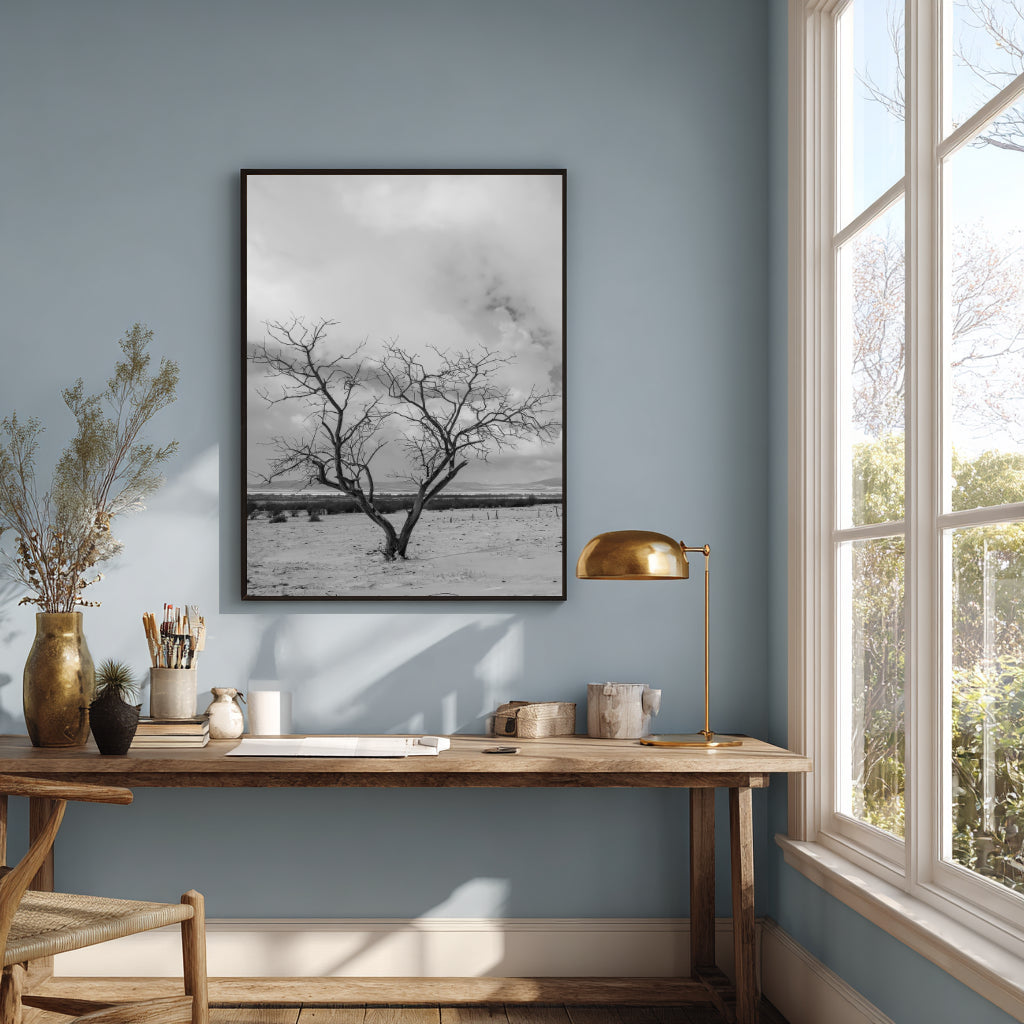A black and white framed wall art print depicting a bare tree in a snowy landscape, hung on a light blue wall above a wooden desk in a styled room with a window, lamp, and dried flowers.
